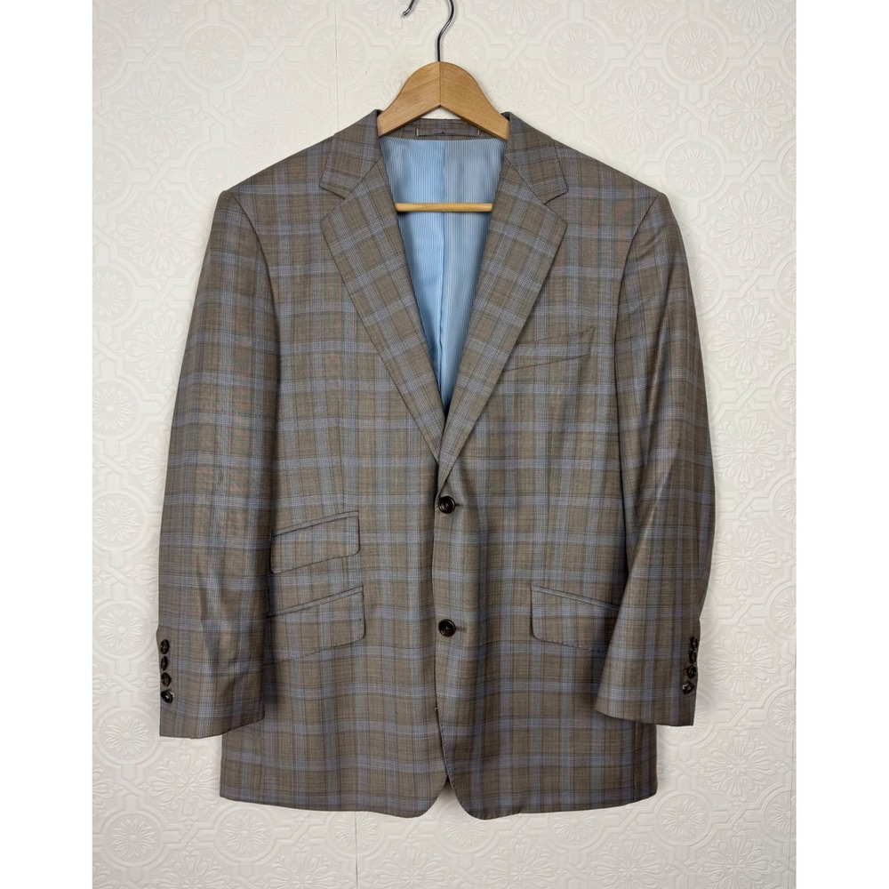 Custom Made Tan Glen Plaid Wool Sport Coat Suit Jacket Windowpane Size 42 Short